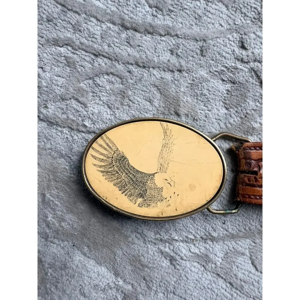 Vintage Barlow Solid Brass Eagle Belt Buckle 1983 Leather Belt Made USA RARE